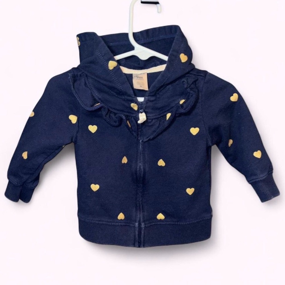 Carter's Navy Zip Hoodie with Gold Heart Print and Ruffle Collar